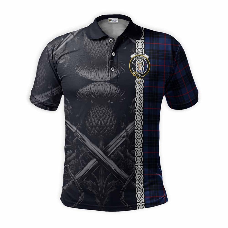 Morgan Tartan Polo Shirt with Family Crest Cross Sword Thistle Celtic Vibes