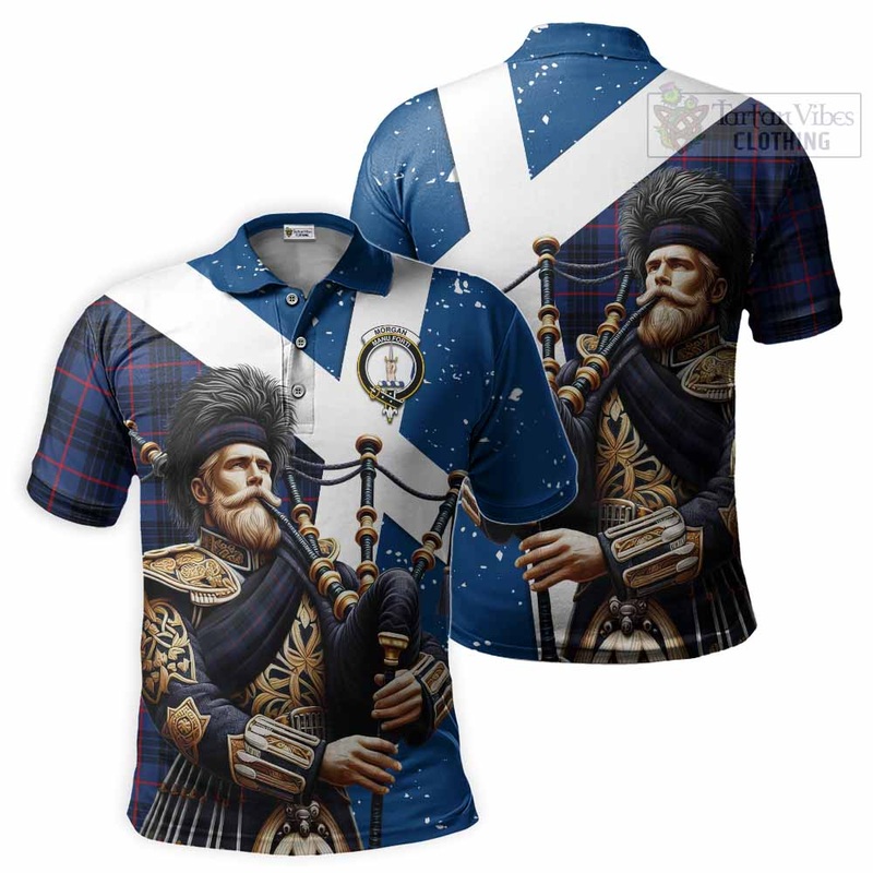 Morgan Tartan Polo Shirt with Family Crest Scottish Bagpiper Vibes