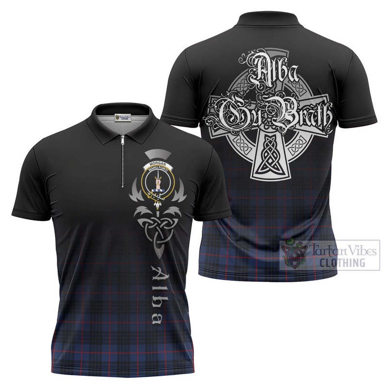 Morgan Tartan Zipper Polo Shirt Featuring Alba Gu Brath Family Crest Celtic Inspired