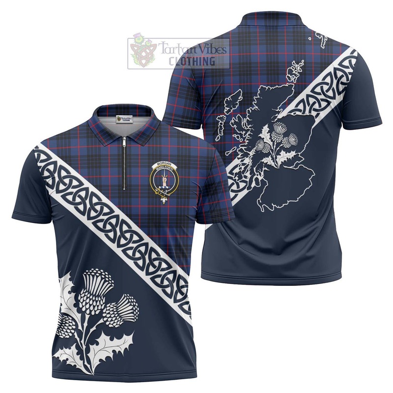 Morgan Tartan Zipper Polo Shirt Featuring Thistle and Scotland Map