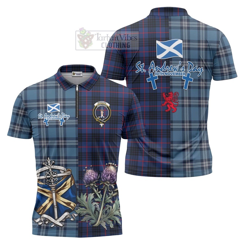 Morgan Tartan Zipper Polo Shirt Happy St. Andrew's Day Half Tartan Style