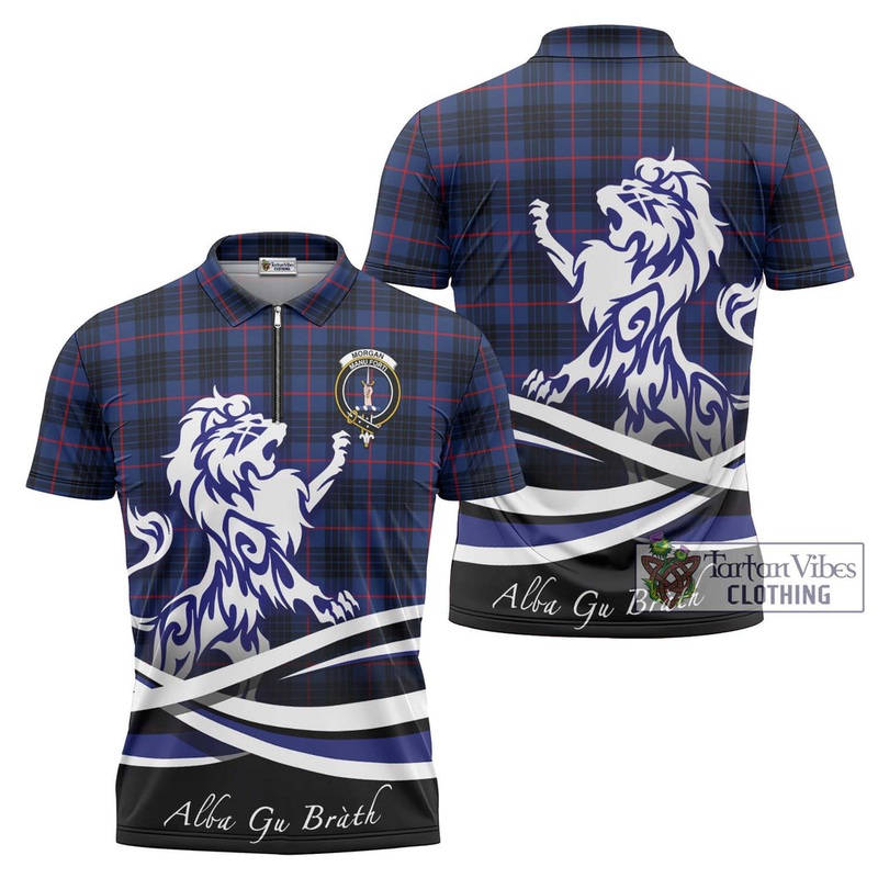 Morgan Tartan Zipper Polo Shirt with Alba Gu Brath Regal Lion Emblem