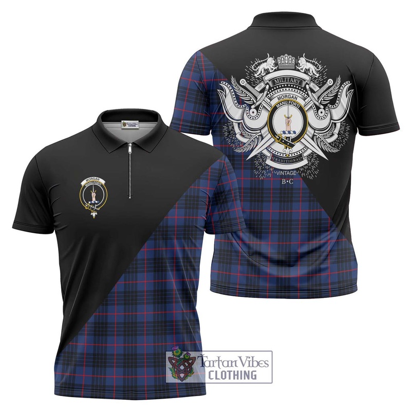 Morgan Tartan Zipper Polo Shirt with Family Crest and Military Logo Style
