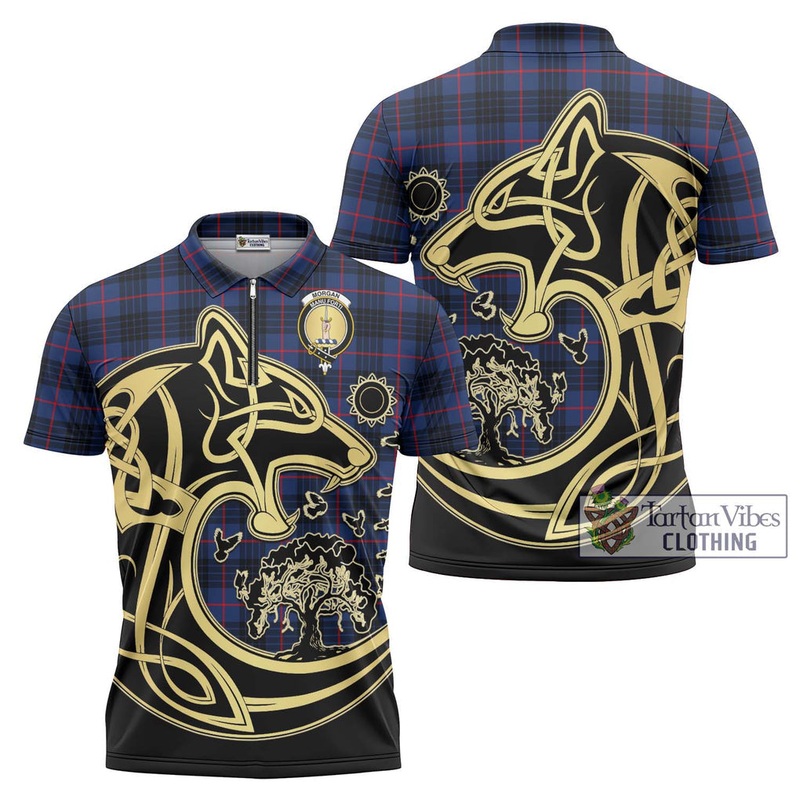 Morgan Tartan Zipper Polo Shirt with Family Crest Celtic Wolf Style