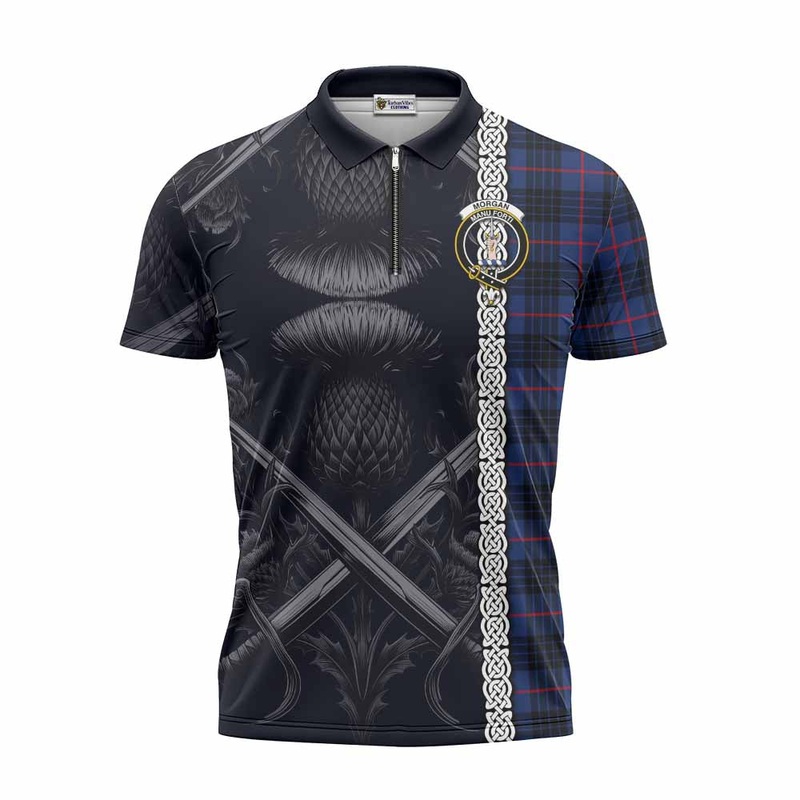 Morgan Tartan Zipper Polo Shirt with Family Crest Cross Sword Thistle Celtic Vibes