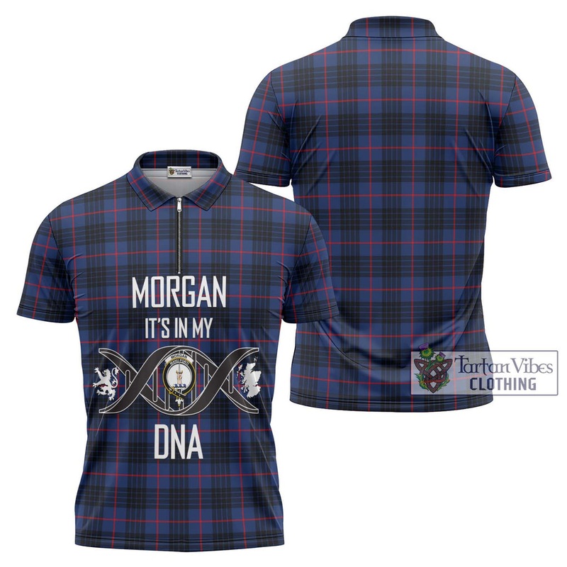 Morgan Tartan Zipper Polo Shirt with Family Crest DNA In Me Style