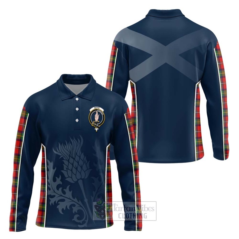 Boyd Tartan Long Sleeve Polo Shirt with Family Crest and Scottish Thistle Vibes Sport Style