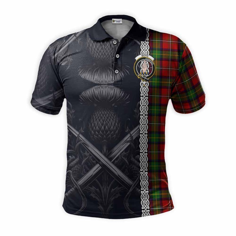 Boyd Tartan Polo Shirt with Family Crest Cross Sword Thistle Celtic Vibes