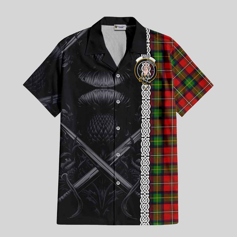Boyd Tartan Short Sleeve Button Shirt with Family Crest Cross Sword Thistle Celtic Vibes