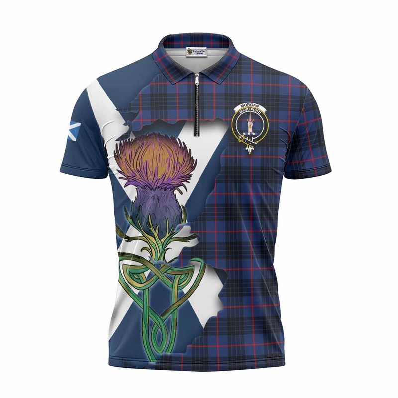 Morgan Tartan Family Crest Zipper Polo Shirt Scottish Thistle Celtic Inspired