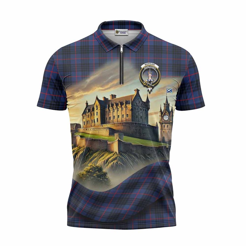 Morgan Tartan Family Crest Zipper Polo Shirt with Scottish Ancient Castle Style
