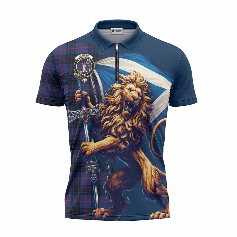 Morgan Tartan Family Crest Zipper Polo Shirt with Scottish Majestic Lion