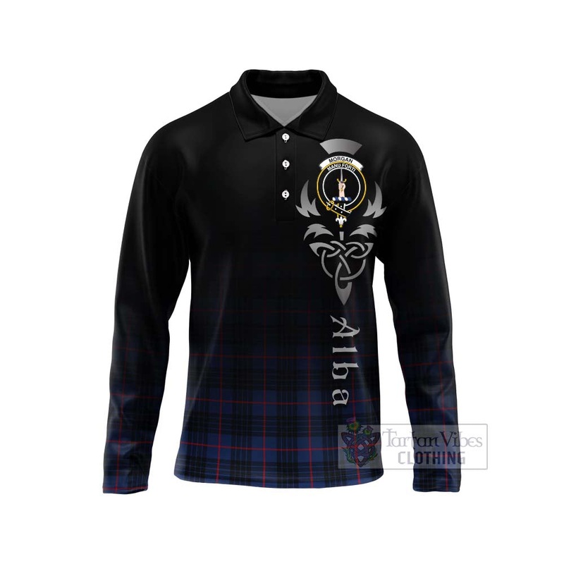 Morgan Tartan Long Sleeve Polo Shirt Featuring Alba Gu Brath Family Crest Celtic Inspired