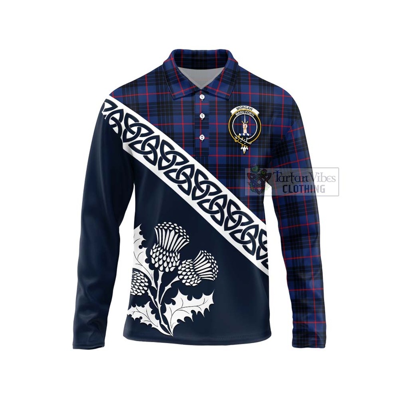 Morgan Tartan Long Sleeve Polo Shirt Featuring Thistle and Scotland Map
