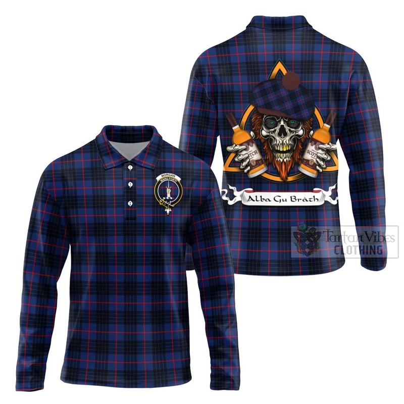 Morgan Tartan Long Sleeve Polo Shirt with Family Crest and Bearded Skull Holding Bottles of Whiskey