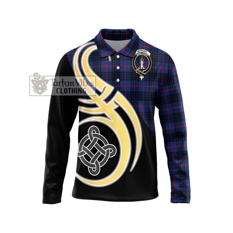Morgan Tartan Long Sleeve Polo Shirt with Family Crest and Celtic Symbol Style