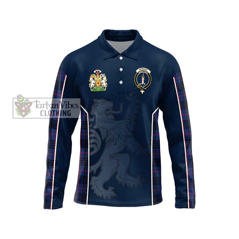 Morgan Tartan Long Sleeve Polo Shirt with Family Crest and Lion Rampant Vibes Sport Style