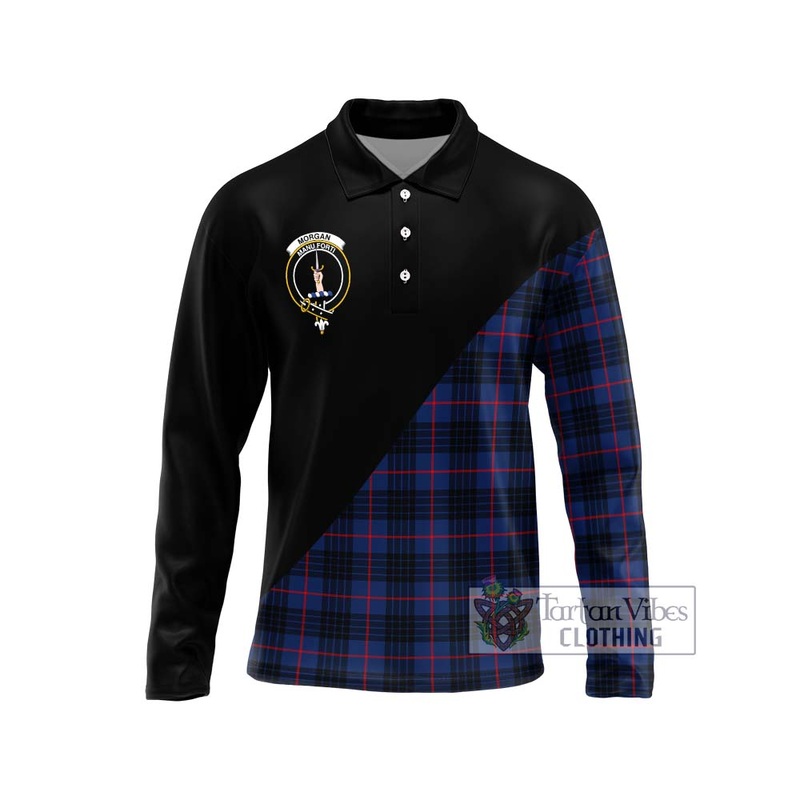 Morgan Tartan Long Sleeve Polo Shirt with Family Crest and Military Logo Style