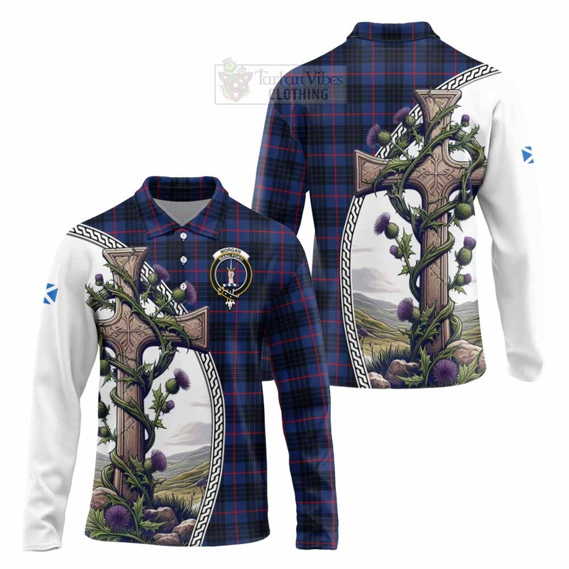 Morgan Tartan Long Sleeve Polo Shirt with Family Crest and St. Andrew's Cross Accented by Thistle Vines