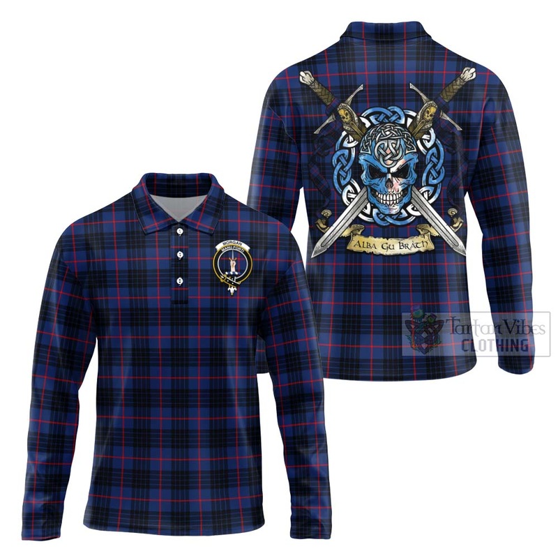 Morgan Tartan Long Sleeve Polo Shirt with Family Crest Celtic Skull Style