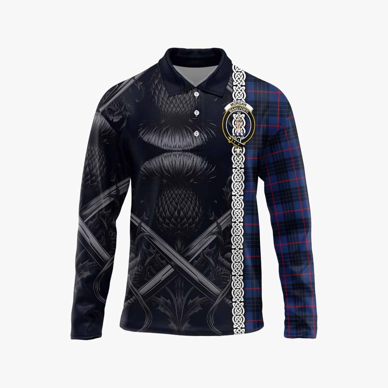 Morgan Tartan Long Sleeve Polo Shirt with Family Crest Cross Sword Thistle Celtic Vibes
