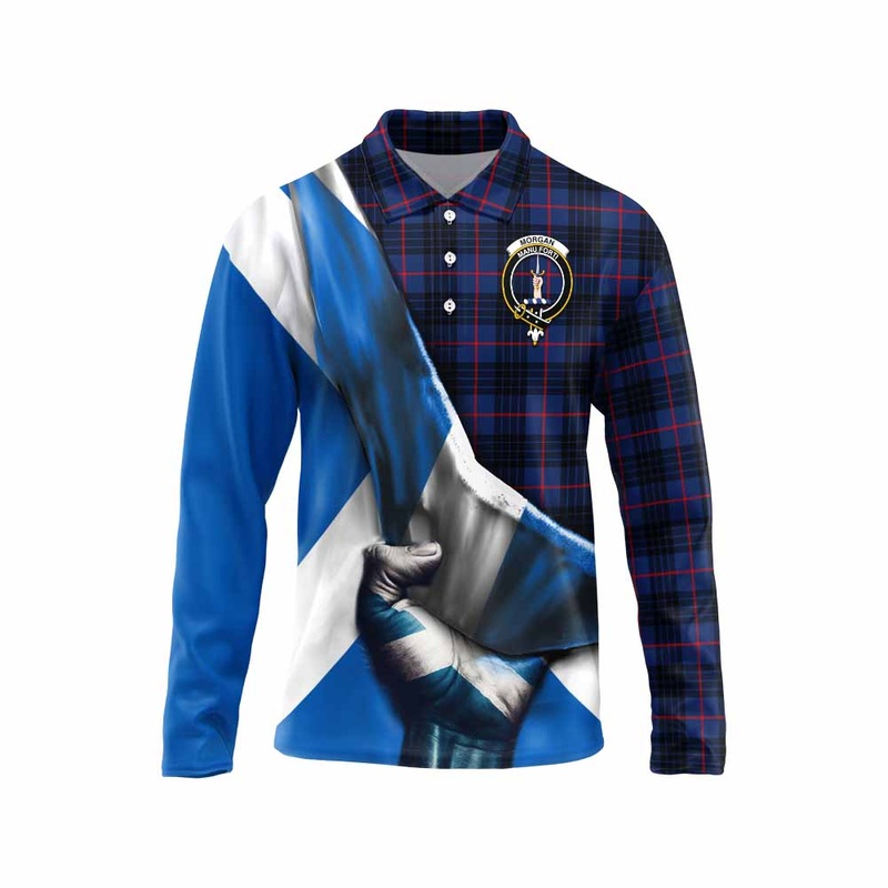 Morgan Tartan Long Sleeve Polo Shirt with Family Crest Scotland Patriotic Style