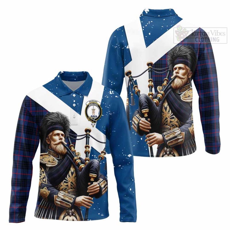 Morgan Tartan Long Sleeve Polo Shirt with Family Crest Scottish Bagpiper Vibes