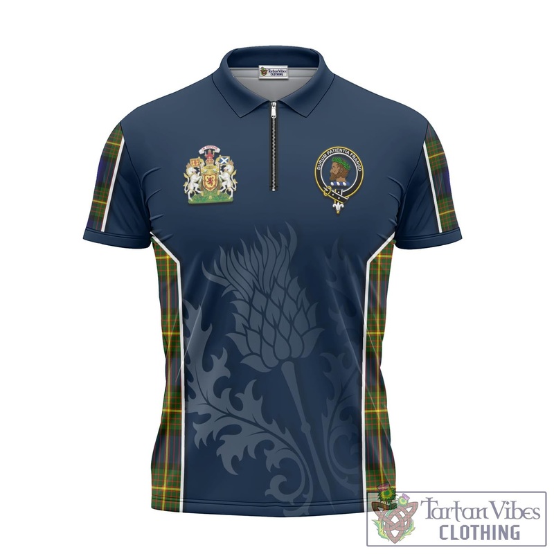 Moore Tartan Zipper Polo Shirt with Family Crest and Scottish Thistle Vibes Sport Style