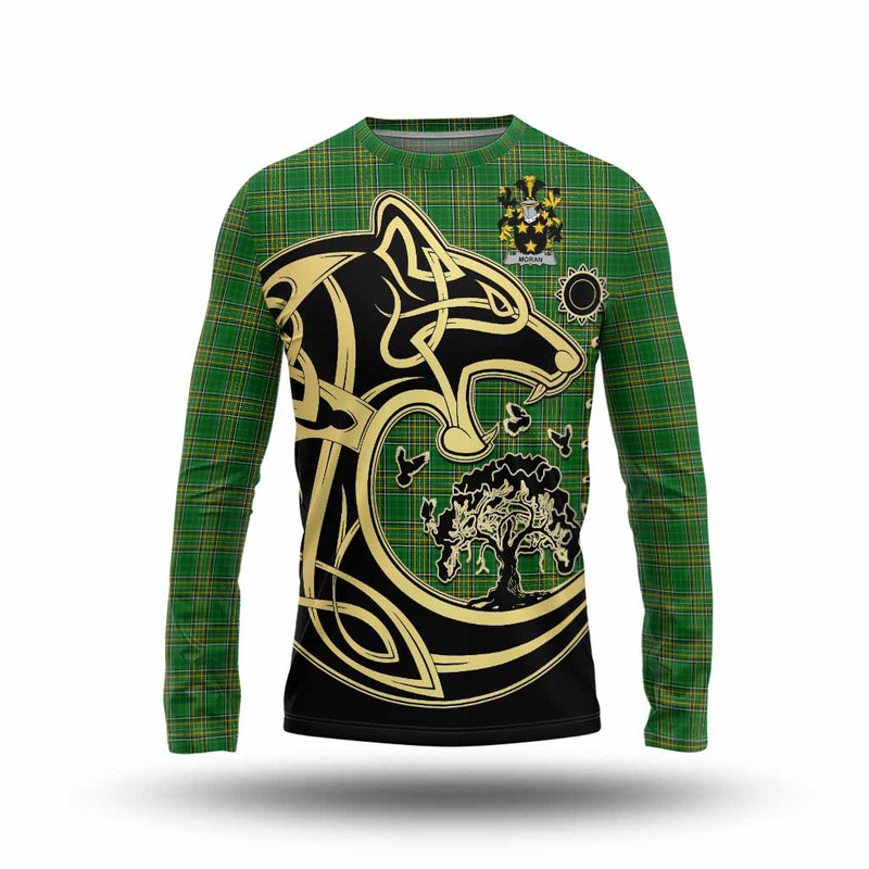 Moran Irish Tartan Long Sleeve T-Shirt with Coat of Arms Celtic Wolf Style