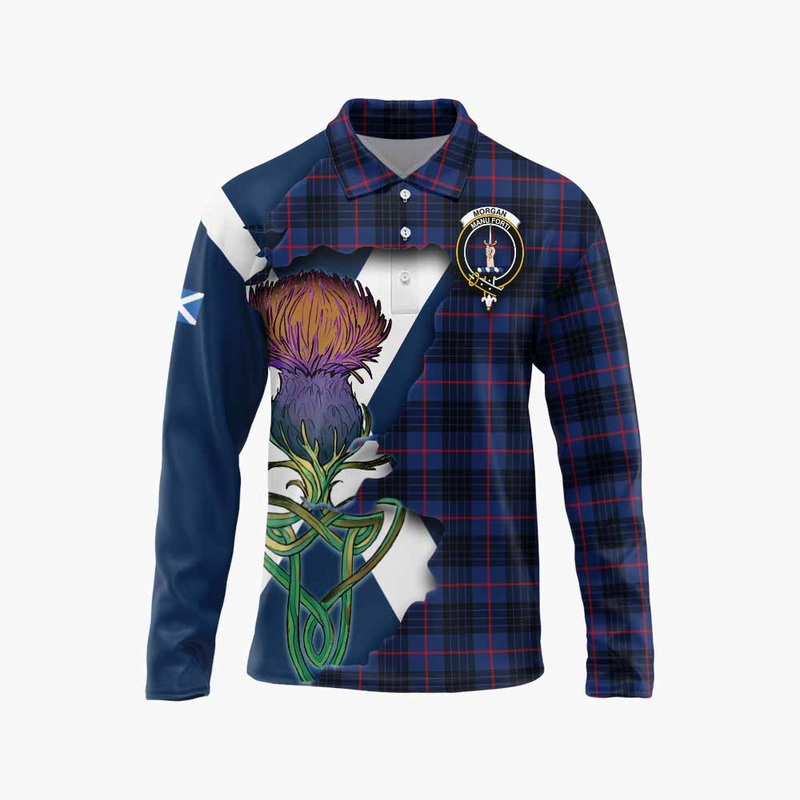 Morgan Tartan Family Crest Long Sleeve Polo Shirt Scottish Thistle Celtic Inspired