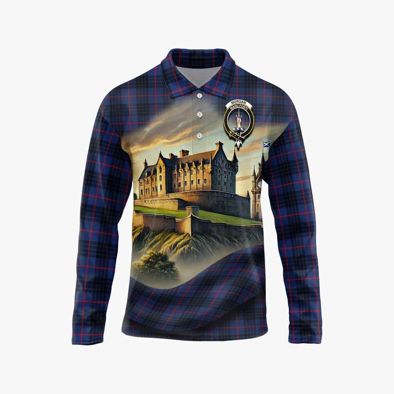 Morgan Tartan Family Crest Long Sleeve Polo Shirt with Scottish Ancient Castle Style