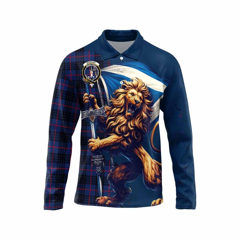 Morgan Tartan Family Crest Long Sleeve Polo Shirt with Scottish Majestic Lion