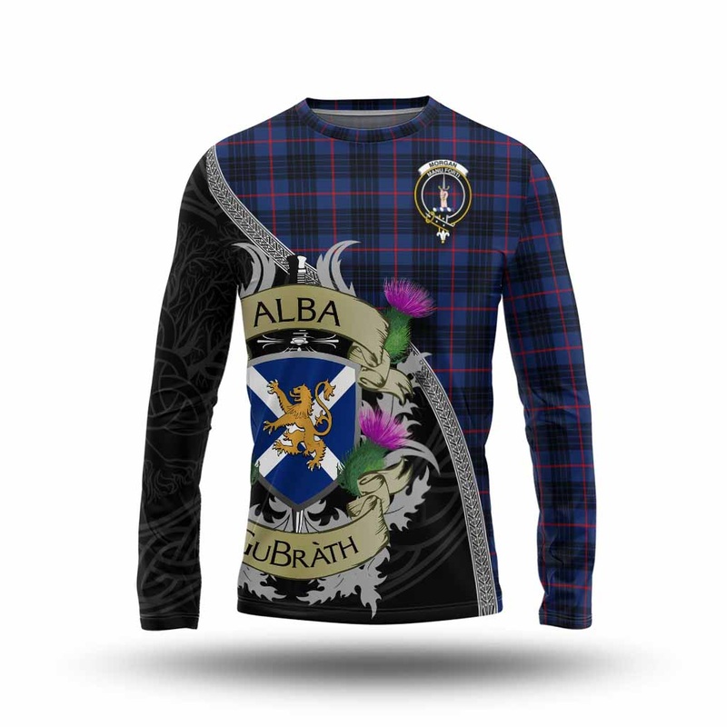 Morgan Tartan Family Crest Long Sleeve T-Shirt Lion Rampant Royal Thistle Shield Celtic Inspired