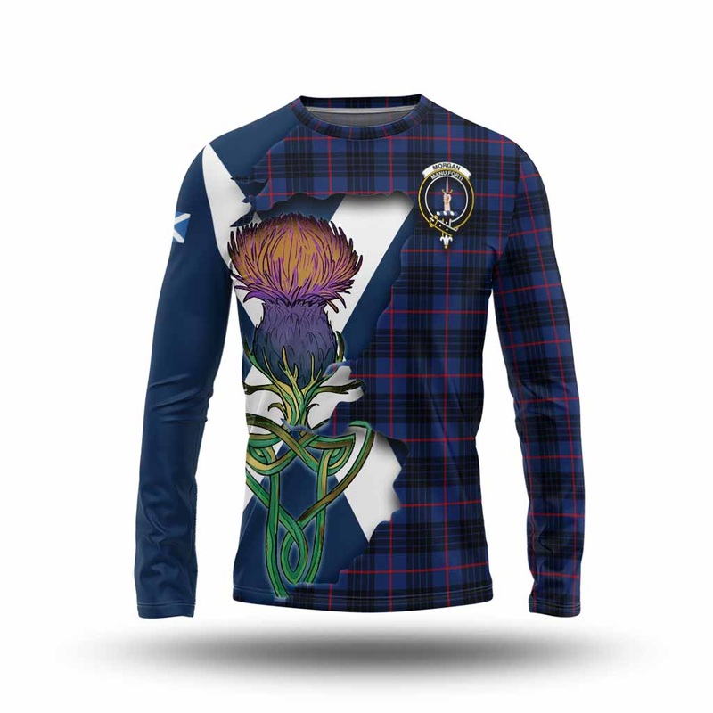 Morgan Tartan Family Crest Long Sleeve T-Shirt Scottish Thistle Celtic Inspired