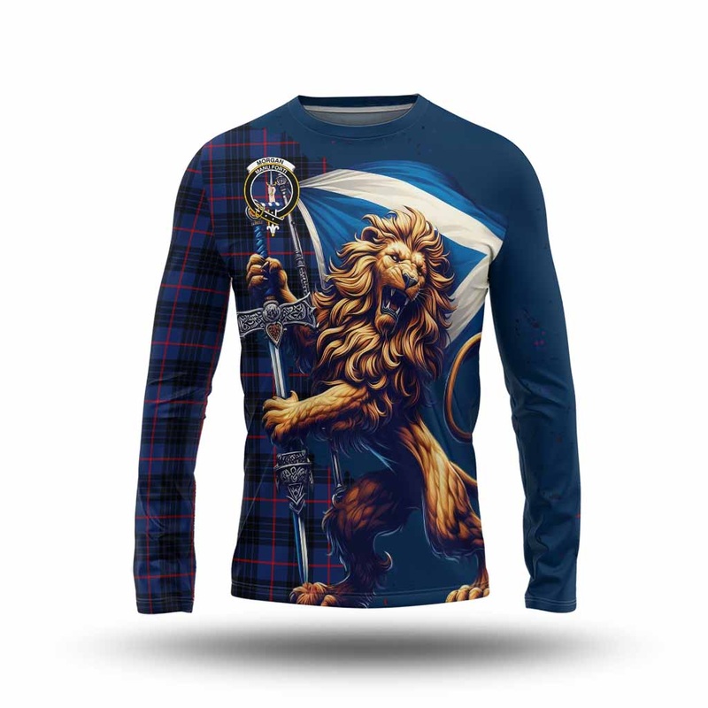 Morgan Tartan Family Crest Long Sleeve T-Shirt with Scottish Majestic Lion