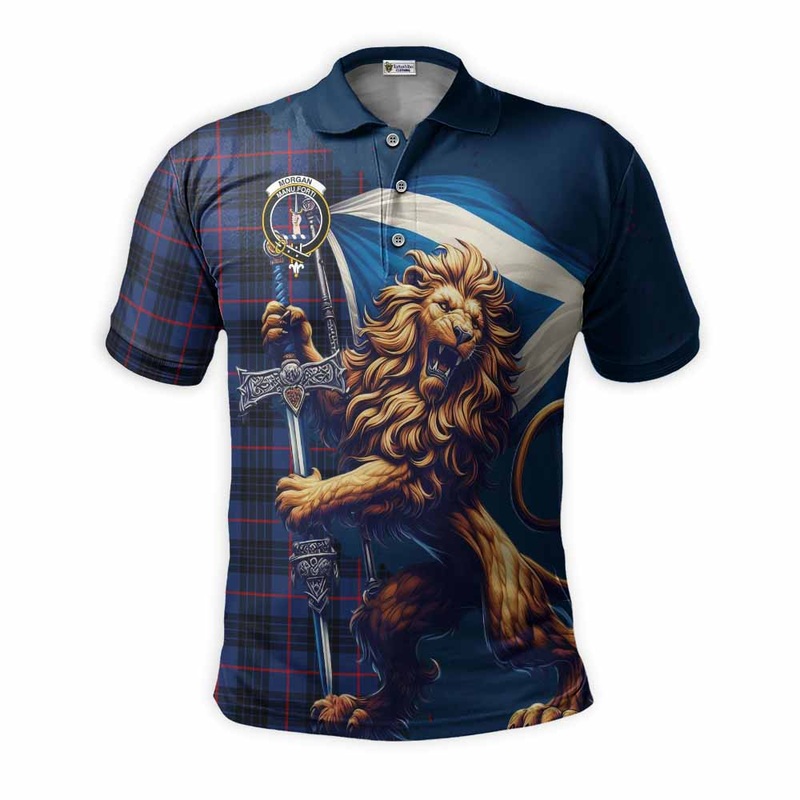 Morgan Tartan Family Crest Men's Polo Shirt with Scottish Majestic Lion
