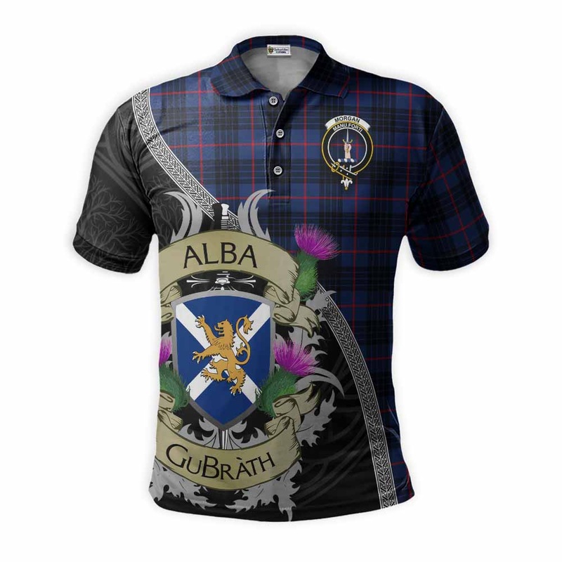 Morgan Tartan Family Crest Polo Shirt Lion Rampant Royal Thistle Shield Celtic Inspired