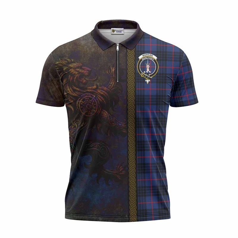 Morgan Tartan Family Crest Zipper Polo Shirt Alba Gu Brath Be Brave Lion Ancient Style