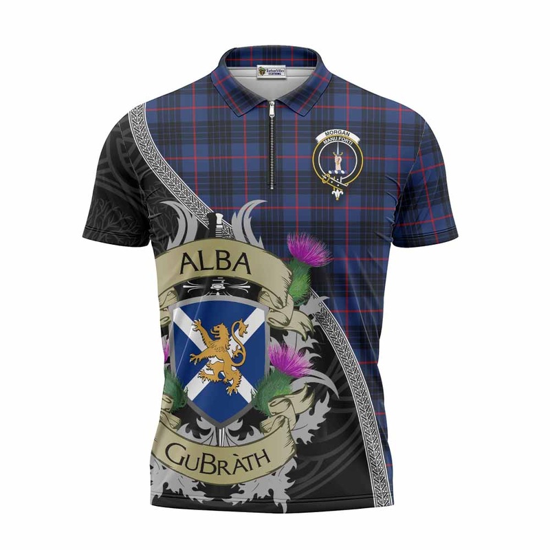 Morgan Tartan Family Crest Zipper Polo Shirt Lion Rampant Royal Thistle Shield Celtic Inspired