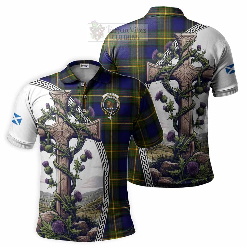 Moore Tartan Polo Shirt with Family Crest and St. Andrew's Cross Accented by Thistle Vines