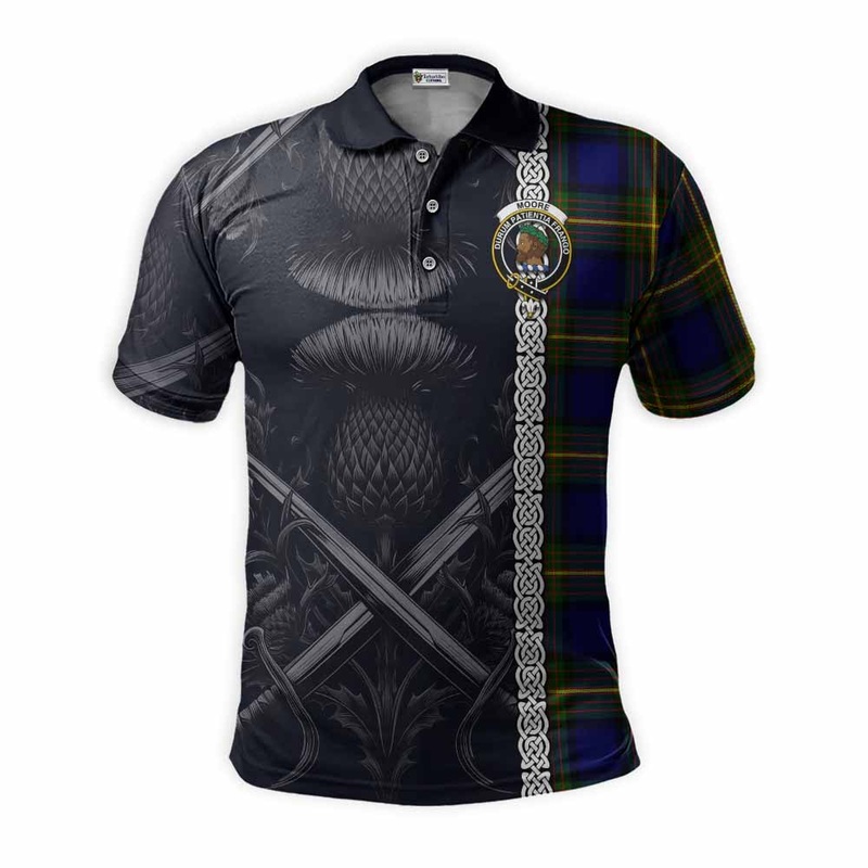 Moore Tartan Polo Shirt with Family Crest Cross Sword Thistle Celtic Vibes