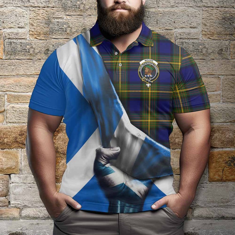 Moore Tartan Polo Shirt with Family Crest Scotland Patriotic Style