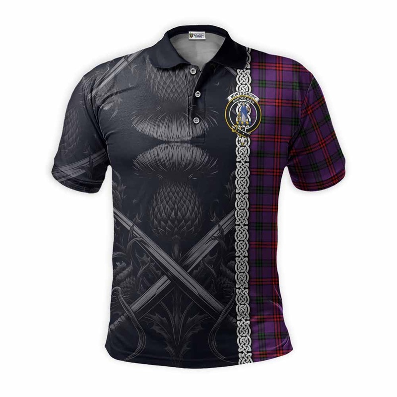 Montgomery Tartan Polo Shirt with Family Crest Cross Sword Thistle Celtic Vibes