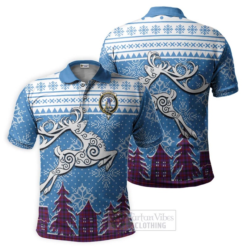 Montgomery Clan Christmas Polo Shirt Celtic Reindeer Style