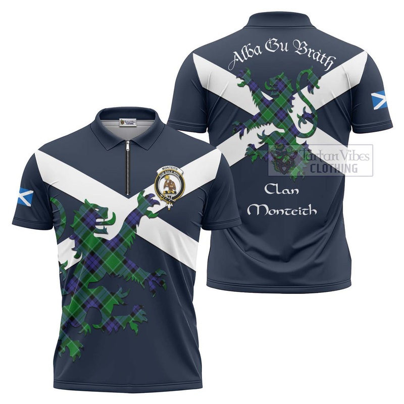 Monteith Tartan Lion Rampant Zipper Polo Shirt Proudly Display Your Heritage with Alba Gu Brath and Clan Name