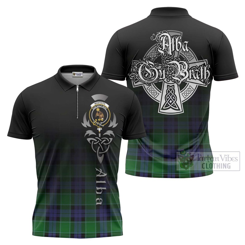 Monteith Tartan Zipper Polo Shirt Featuring Alba Gu Brath Family Crest Celtic Inspired