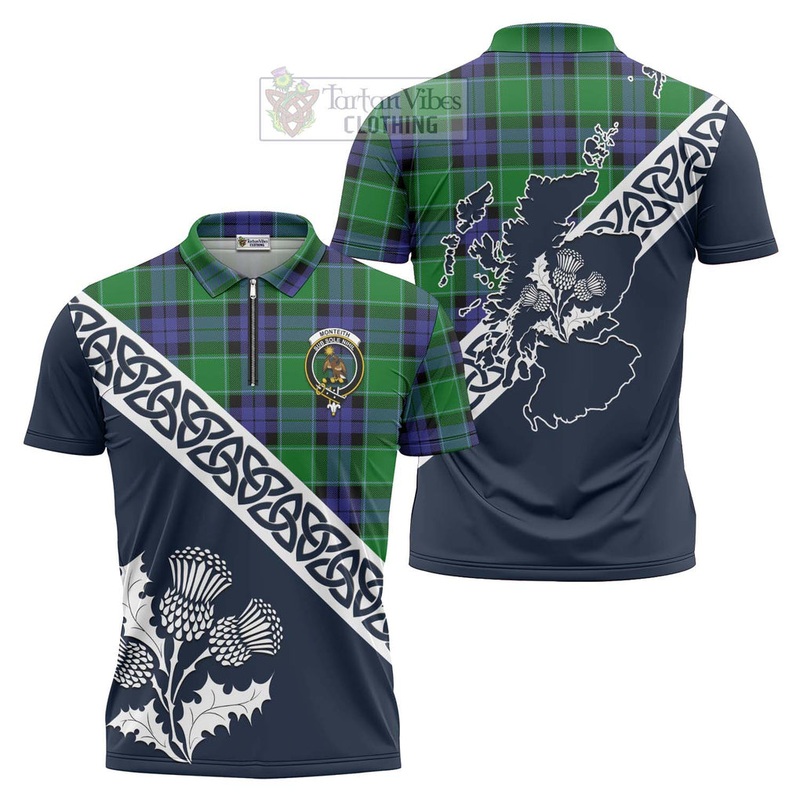 Monteith Tartan Zipper Polo Shirt Featuring Thistle and Scotland Map