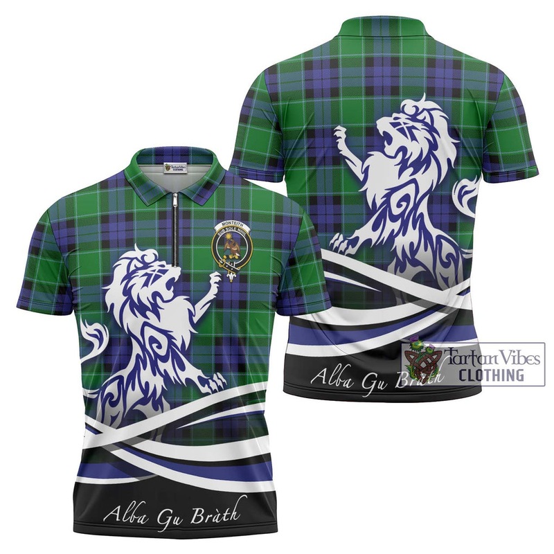 Monteith Tartan Zipper Polo Shirt with Alba Gu Brath Regal Lion Emblem