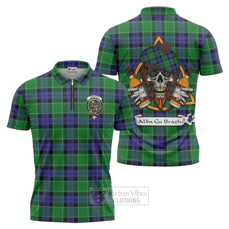 Monteith Tartan Zipper Polo Shirt with Family Crest and Bearded Skull Holding Bottles of Whiskey