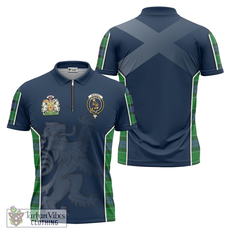 Monteith Tartan Zipper Polo Shirt with Family Crest and Lion Rampant Vibes Sport Style